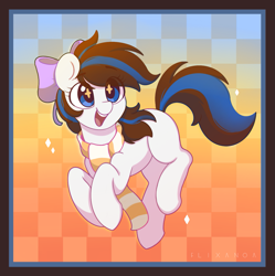 Size: 1299x1302 | Tagged: safe, artist:flixanoa, oc, oc only, oc:breezy, earth pony, pony, bow, checkered background, clothes, cute, female, hair bow, ocbetes, open mouth, scarf, solo, starry eyes, striped scarf, wingding eyes
