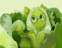 Size: 2166x1675 | Tagged: safe, artist:khvorost162, oc, oc only, earth pony, pony, cabbage, earth pony oc, female, food, glasses, green coat, green eyes, mare, round glasses, signature, small pony, solo