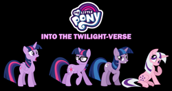 Size: 2905x1532 | Tagged: safe, artist:caliazian, artist:lauren faust, artist:pika-robo, artist:quanno3, artist:sketchmcreations, sci-twi, twilight, twilight sparkle, twilight twinkle, alicorn, pony, unicorn, equestria girls, g1, g4, 2009, black background, concerned, equestria girls ponified, female, g1 to g4, generation leap, glasses, logo, mare, multiverse, my little pony logo, open mouth, original design, parody, ponified, raised eyebrow, shocked, show bible, simple background, sitting, smiling, speechless, spider-man: into the spider-verse, tail, thinking, twilight sparkle (alicorn), two toned mane, two toned tail, unicorn sci-twi, unicorn twilight