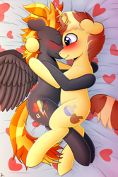 Size: 2000x3000 | Tagged: safe, artist:h3nger, oc, oc only, oc:digidash, oc:sugar pie, pegasus, pony, unicorn, bed, blushing, cuddling, cute, duo, duo male, feathered wings, gay, heart, heart eyes, high res, horn, male, pegasus oc, shipping, spread wings, stallion, stallion on stallion, unicorn oc, wingding eyes, wings