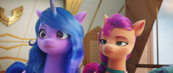 Size: 1920x804 | Tagged: safe, screencap, izzy moonbow, sunny starscout, thunder flap, earth pony, pegasus, pony, unicorn, g5, my little pony: a new generation, duo focus, female, male, mare, offscreen character, stallion, sunny starscout is not amused, unamused