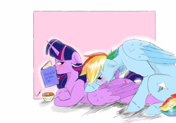 Size: 5000x3500 | Tagged: safe, artist:captainloafnugget, rainbow dash, twilight sparkle, alicorn, pegasus, pony, g4, blushing, book, cup, duo, female, grooming, lesbian, lying down, mare, preening, ship:twidash, shipping, simple background, twilight sparkle (alicorn), wings