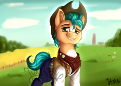 Size: 4093x2894 | Tagged: safe, artist:julunis14, hitch trailblazer, earth pony, pony, g5, my little pony: a new generation, bandana, calendar, charity, clothes, cowboy hat, dreamworks face, hat, high res, male, pants, pose, project, smiling, solo, stallion