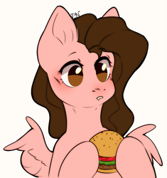 Size: 1271x1355 | Tagged: safe, artist:pledus, oc, oc only, oc:pawprint, pegasus, pony, burger, commission, female, food, hamburger, hoof hold, lettuce, meat, pegasus oc, ponies eating meat, simple background, solo, spread wings, tomato, white background, wings, ych result