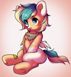 Size: 1280x1393 | Tagged: safe, artist:pledus, oc, oc only, oc:sun light, pegasus, pony, blushing, clothes, commission, female, pegasus oc, scarf, solo, spread wings, wings, ych result