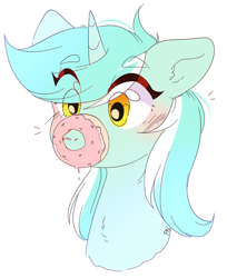 Size: 1280x1568 | Tagged: safe, artist:pledus, lyra heartstrings, pony, unicorn, g4, blushing, bust, chest fluff, cute, donut, donutsnootle, eye clipping through hair, eyebrows, eyebrows visible through hair, female, food, lyrabetes, mare, portrait, silly, silly pony, simple background, snoot, solo, white background