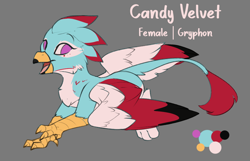 Size: 1120x721 | Tagged: safe, artist:beardie, oc, oc only, oc:candy velvet, griffon, cheek fluff, chest fluff, eyebrows, female, gray background, griffon oc, leonine tail, looking at you, no pupils, open mouth, open smile, paws, reference sheet, simple background, smiling, smiling at you, solo, tail, wings