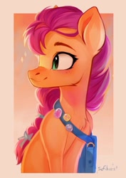 Size: 724x1024 | Tagged: safe, artist:sofiko-ko, sunny starscout, earth pony, pony, g5, my little pony: a new generation, abstract background, bag, beautiful, bow, bust, cute, female, freckles, mare, portrait, simple background, smiling, solo, sunnybetes