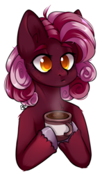 Size: 1130x1924 | Tagged: safe, artist:pledus, oc, oc only, earth pony, pony, coffee, commission, earth pony oc, female, hoof hold, simple background, solo, white background, ych result