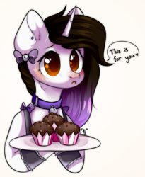 Size: 1239x1509 | Tagged: safe, artist:pledus, oc, oc only, pony, unicorn, bell, bell collar, blushing, choker, clothes, collar, commission, cupcake, female, food, hoof hold, horn, maid, plate, simple background, solo, speech bubble, unicorn oc, ych result