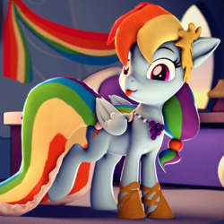Size: 2160x2160 | Tagged: safe, artist:psfmer, rainbow dash, pegasus, pony, g4, 3d, :p, accessory, alternate hairstyle, bed, clothes, cute, dashabetes, dress, female, gala dress, hair accessory, high res, mare, rainbow dash always dresses in style, rainbow dash's house, revamped ponies, shoes, solo, source filmmaker, tongue out, wings