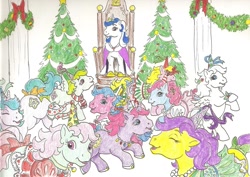 Size: 1167x827 | Tagged: safe, artist:foxspotted, majesty, princess misty, princess primrose, princess pristina, princess royal blue, princess serena, princess sparkle, princess starburst, princess sunbeam, princess tiffany, earth pony, pegasus, pony, unicorn, g1, christmas, christmas tree, dancing, female, holiday, traditional art, tree, twelve days of christmas