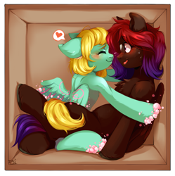 Size: 1617x1624 | Tagged: safe, artist:pledus, oc, oc only, oc:bubble becky, oc:shaded star, pegasus, pony, blushing, box, bubble, commission, cute, duo, eyes closed, female, heart, male, nervous sweat, open mouth, pegasus oc, size difference, smiling, spread wings, straight, wings, ych result