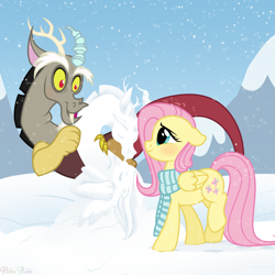 Size: 1500x1500 | Tagged: safe, artist:nika-rain, discord, fluttershy, pegasus, pony, g4, clothes, cute, female, male, scarf, ship:discoshy, shipping, show accurate, snow, straight