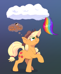 Size: 2042x2470 | Tagged: safe, artist:xbi, applejack, rainbow dash, earth pony, pegasus, pony, g4, applejack's hat, cloud, cowboy hat, cute, duo, duo female, female, gradient background, hat, high res, hooves, jackabetes, looking up, mare, raised hoof, shadow, signature, smiling, standing, tail, thinking, thought bubble