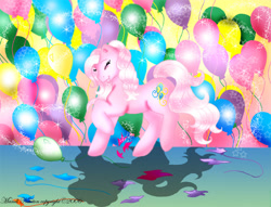 Size: 784x600 | Tagged: safe, artist:sassylilpanda, pinkie pie (g3), earth pony, pony, g3, 2006, balloon, balloon popping, dancing, female, g3 diapinkes, popping, solo