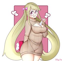 Size: 2400x2370 | Tagged: safe, artist:fullmetalpikmin, oc, oc:cherry blossom, human, boob window, breasts, cleavage, clothes, glasses, high res, humanized, humanized oc, keyhole turtleneck, long hair, pigtails, sweater, thighs, tissue, tissue box, turtleneck, twintails