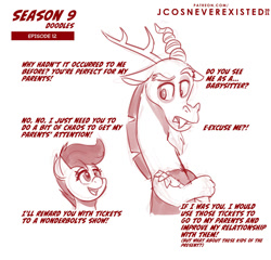 Size: 1001x960 | Tagged: safe, artist:jcosneverexisted, discord, scootaloo, pegasus, pony, g4, season 9, the last crusade, dialogue, female, male, season 9 doodles, text