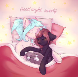 Size: 2318x2295 | Tagged: safe, artist:pledus, oc, oc only, bat pony, cat, pony, unicorn, bat pony oc, bed, blanket, commission, duo, duo female, ear fluff, eyes closed, fangs, female, floppy ears, good night, high res, hooves, horn, oc x oc, on bed, shipping, stars, unicorn oc, ych result