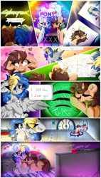 Size: 2740x4836 | Tagged: safe, artist:woonborg, oc, oc:bluecode, oc:woonie, cat, pegasus, pony, unicorn, couch, cyberpunk, grass, heart, holiday, pillow, ponyfest, ponyfest online, portal, portal (valve), valentine's day