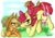 Size: 4093x2894 | Tagged: safe, artist:julunis14, apple bloom, applejack, big macintosh, earth pony, pony, g4, age swap, apple siblings, apple sisters, blank flank, bow, brother and sister, colt, colt big macintosh, digital, female, filly, filly applejack, foal, hat, high res, male, mare, older, older apple bloom, oversized hat, piggyback ride, ponytails, riding, role reversal, rope, siblings, signature, sisters, younger