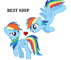 Size: 1182x1000 | Tagged: safe, rainbow dash, pegasus, pony, g4, best ship, female, flying, folded wings, heart, lesbian, lidded eyes, looking at each other, looking at someone, narcissism, otp, rainbow narcissist, raised hoof, self paradox, self ponidox, selfcest, ship:dashdash, shipping, simple background, text, vector, wat, white background, wings