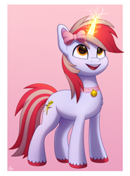 Size: 1480x2000 | Tagged: safe, artist:luminousdazzle, oc, oc only, oc:cinnamon lightning, pony, unicorn, bell, bell collar, bow, collar, commission, excited, female to male, glowing, glowing horn, hair bow, horn, lightning, looking up, magic, male, open mouth, open smile, rule 63, simple background, smiling, solo, stallion, unicorn oc, unshorn fetlocks