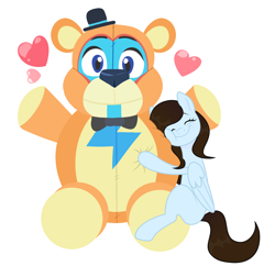 Size: 2676x2589 | Tagged: safe, artist:vi45, oc, oc only, oc:krissy, bear, pegasus, pony, bowtie, commission, crossover, cute, eyes closed, female, five nights at freddy's, five nights at freddy's: security breach, freddy fazbear, glamrock freddy, hat, heart, high res, hug, mare, plushie, simple background, top hat, white background, ych result