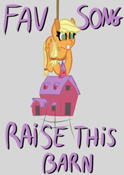 Size: 2508x3541 | Tagged: safe, artist:justapone, applejack, earth pony, pony, g4, barn, colored sketch, februpony, female, hatless, high res, holding, mare, missing accessory, missing cutie mark, no cutie marks because im lazy, raise this barn, rope, smiling, solo, suspended