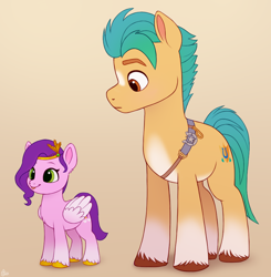Size: 920x940 | Tagged: safe, artist:luminousdazzle, hitch trailblazer, pipp petals, earth pony, pegasus, pony, g5, my little pony: a new generation, :p, adorapipp, coat markings, cute, duo, female, hitch is tall, hitchbetes, jewelry, looking down, male, male and female, mare, pipp is short, pipp is smol, size difference, small, smiling, smol, socks (coat markings), stallion, tiara, tiny, tiny ponies, tongue out, unshorn fetlocks