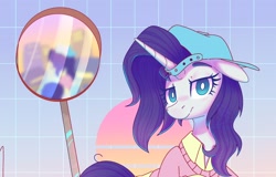 Size: 2150x1374 | Tagged: safe, artist:wavecipher, rarity, pony, unicorn, g4, accessory swap, alternate hairstyle, backwards ballcap, baseball cap, cap, clothes, disguise, hat, plainity, simple background, solo, wip