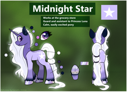 Size: 2584x1879 | Tagged: safe, artist:cornelia_nelson, edit, oc, oc only, oc:midnightstar, pony, unicorn, cute, cutie mark, horn, intersex, long hair, long mane, long tail, reference sheet, tail, unicorn oc