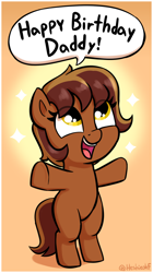 Size: 1032x1839 | Tagged: safe, artist:heretichesh, oc, oc only, oc:garnet gold, earth pony, pony, bipedal, colored, cute, female, filly, foal, happy, happy birthday, looking up, ocbetes, open mouth, open smile, simple background, smiling, solo, speech bubble, standing on two hooves
