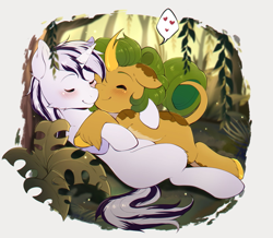 Size: 1595x1392 | Tagged: safe, artist:evomanaphy, oc, oc:eldorada, oc:yiazmat, kirin, pony, unicorn, chibi, couple, female, horn, horns, male, shipping, snuggling, yiarada