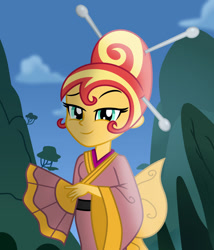 Size: 1024x1194 | Tagged: safe, artist:emeraldblast63, sunset shimmer, equestria girls, g4, alternate hairstyle, clothes, fan, hair bun, kimono (clothing), looking at you, scenery, smiling, smiling at you, smirk, updo