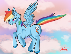 Size: 2160x1620 | Tagged: safe, artist:v-nuz, rainbow dash, pegasus, pony, g4, female, flying, mare, smiling, smirk, solo, spread wings, wings