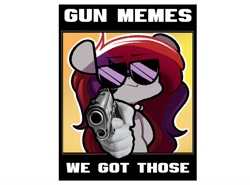 Size: 1182x876 | Tagged: safe, artist:sourspot, oc, oc only, oc:evening prose, pegasus, pony, caption, female, freckles, gun, jewelry, looking at you, m1911, mare, meme, necklace, pearl necklace, solo, sunglasses, text, weapon