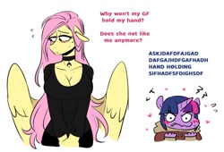Size: 1008x685 | Tagged: safe, artist:redxbacon, fluttershy, twilight sparkle, pegasus, unicorn, anthro, g4, bags under eyes, big breasts, blush lines, blushing, breasts, busty fluttershy, choker, cleavage, clothes, ears back, female, floating heart, floppy ears, flustered, frown, gibberish, heart, height difference, hoodie, lesbian, looking away, looking down, partially open wings, ship:twishy, shipping, simple background, tallershy, text, unicorn twilight, white background, wings
