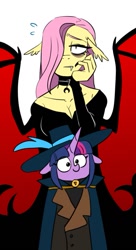 Size: 503x925 | Tagged: safe, artist:redxbacon, fluttershy, twilight sparkle, bat pony, pegasus, undead, unicorn, vampire, anthro, g4, bat ponified, blushing, breasts, cleavage, clothes, dress, female, flutterbat, hair over one eye, height difference, lesbian, off shoulder, race swap, ship:twishy, shipping, simple background, tallershy, white background