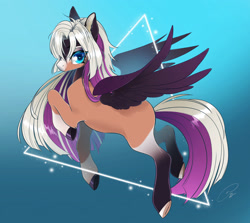 Size: 3066x2739 | Tagged: safe, artist:opalacorn, oc, oc only, pegasus, pony, coat markings, colored hooves, colored pinnae, colored pupils, colored wings, facial markings, gradient background, heart, heart eyes, high res, looking at you, mealy mouth (coat marking), socks (coat markings), solo, spread wings, tail, triangle, two toned mane, two toned tail, wingding eyes, wings