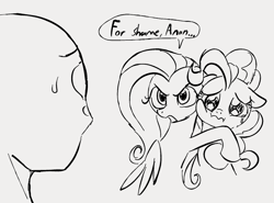 Size: 960x709 | Tagged: safe, artist:dotkwa, fluttershy, pinkie pie, oc, oc:anon, earth pony, human, pegasus, pony, g4, black and white, crying, female, floppy ears, grayscale, hug, male, mare, monochrome, sad, simple background, speech bubble, sweat, sweatdrop, wavy mouth, white background