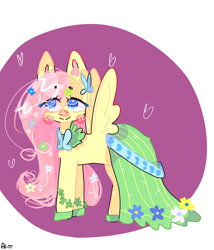 Size: 1280x1494 | Tagged: safe, artist:al-iii, fluttershy, pegasus, pony, g4, blush sticker, blushing, clothes, dress, eyebrows, eyebrows visible through hair, female, floating heart, flower, flower in hair, gala dress, heart, mare, shoes, solo