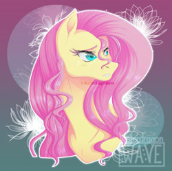 Size: 631x628 | Tagged: safe, artist:waterdragonwave, fluttershy, pegasus, pony, g4, abstract background, bust, female, mare, signature, solo