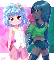 Size: 1200x1315 | Tagged: safe, artist:uotapo, cozy glow, queen chrysalis, equestria girls, g4, ass, belt, butt, clothes, cozybetes, cute, cutealis, duo, equestria girls-ified, female, heart, holiday, japanese, ripped stockings, shirt, shorts, skindentation, skirt, socks, stockings, t-shirt, tank top, thigh highs, thigh socks, torn clothes, torn socks, valentine's day, younger
