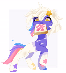 Size: 2731x3030 | Tagged: oc name needed, safe, artist:irusumau, oc, oc only, pony, unicorn, bread, colored hooves, commissioner:acryweaver, female, food, freckles, high res, horn, jam, looking at you, mare, mouth hold, multicolored body, multicolored tail, passepartout, raised hoof, requested art, solo, tail, toast, unicorn oc, white mane