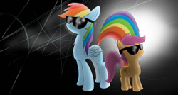 Size: 1024x549 | Tagged: safe, artist:d0ublerainb0wdash, rainbow dash, scootaloo, pegasus, pony, g4, 2014, black background, female, filly, foal, mare, simple background, sunglasses