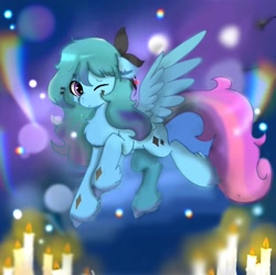 Size: 1280x1276 | Tagged: safe, oc, oc only, pegasus, pony, bow, candle, collaboration, cute, female, hair bow, mare, one eye closed, pegasus oc, rainbow, spread wings, wings