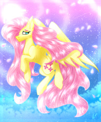 Size: 594x720 | Tagged: safe, artist:aber6823, fluttershy, pegasus, pony, g4, abstract background, female, flower petals, mare, solo, windswept mane