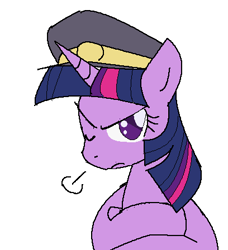 Size: 408x448 | Tagged: safe, artist:tetsutowa, twilight sparkle, pony, unicorn, g4, conductor, conductor hat, female, hat, horn, mare, one eye closed, railfan twilight, simple background, solo, unicorn twilight, white background