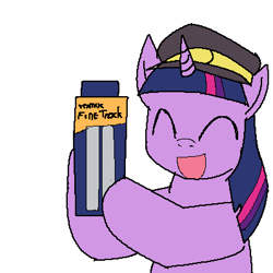 Size: 400x400 | Tagged: safe, artist:tetsutowa, twilight sparkle, pony, unicorn, g4, ^^, conductor, conductor hat, eyes closed, female, happy, hat, hoof hold, horn, mare, open mouth, open smile, railfan twilight, simple background, smiling, solo, unicorn twilight, white background